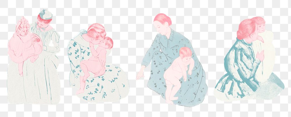 Vintage hand drawn mother and her child set illustration, remixed from the artworks of Mary Cassatt.