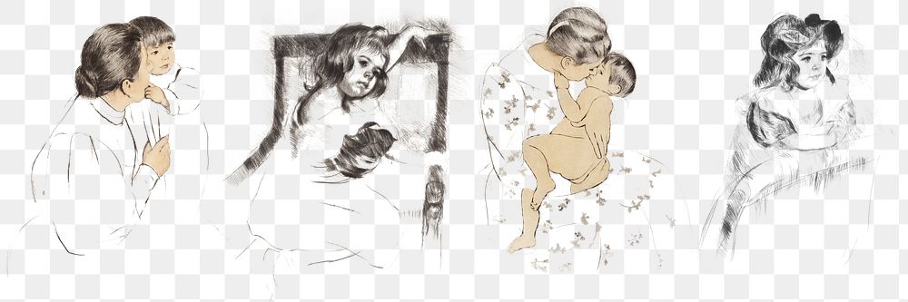 Vintage hand drawn mother and her child set illustration, remixed from the artworks of Mary Cassatt.