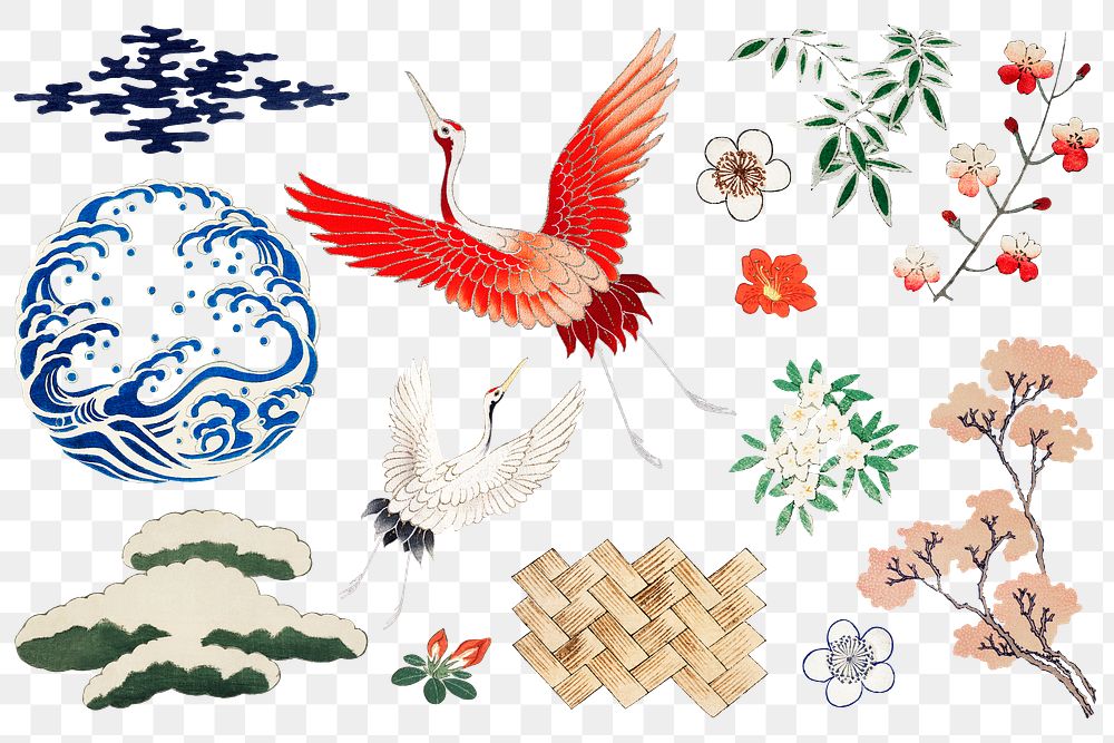 Japanese kamon ornamental element png set, artwork remix from original print by Watanabe Seitei