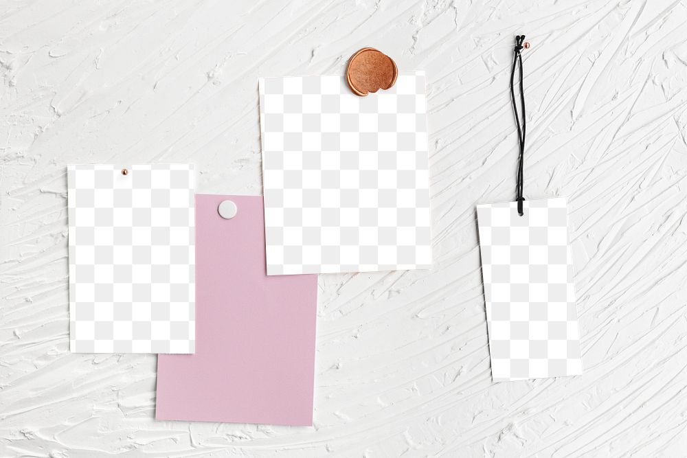 Paper png mockups, transparent notes and label tag on textured white wall
