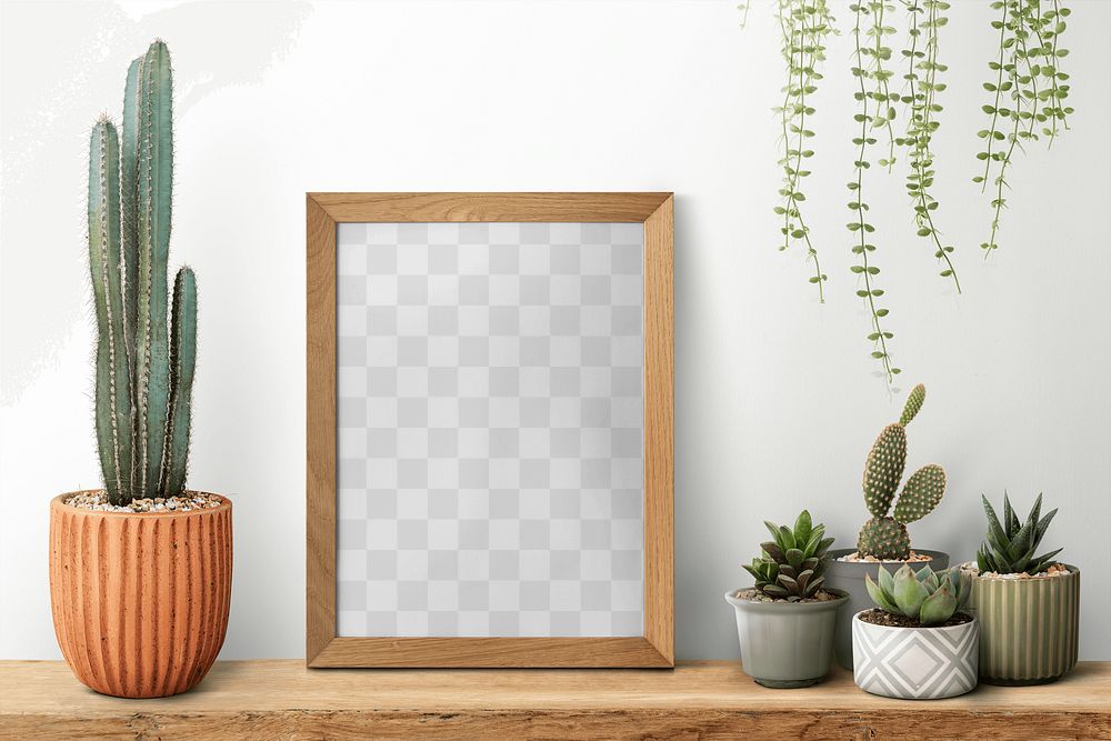 Picture frame png mockup on a shelf with plants against a wall