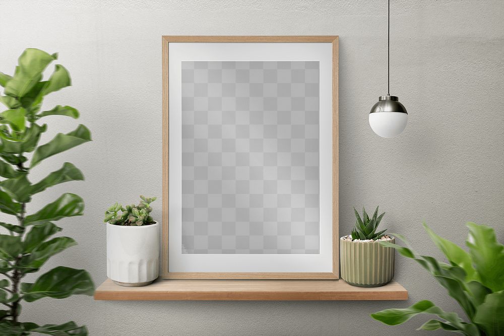 Picture frame png mockup on a shelf with plants against a wall