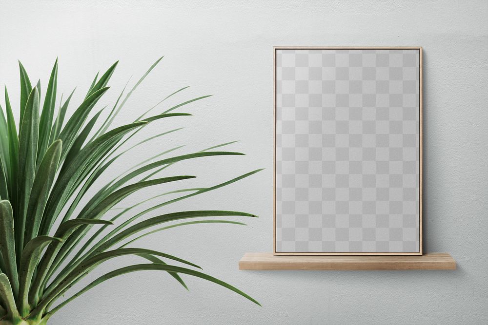 Minimal picture frame png mockup on a shelf against a wall