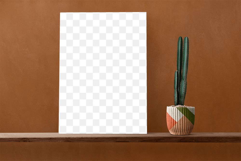 Canvas png mockup on a shelf with a cactus
