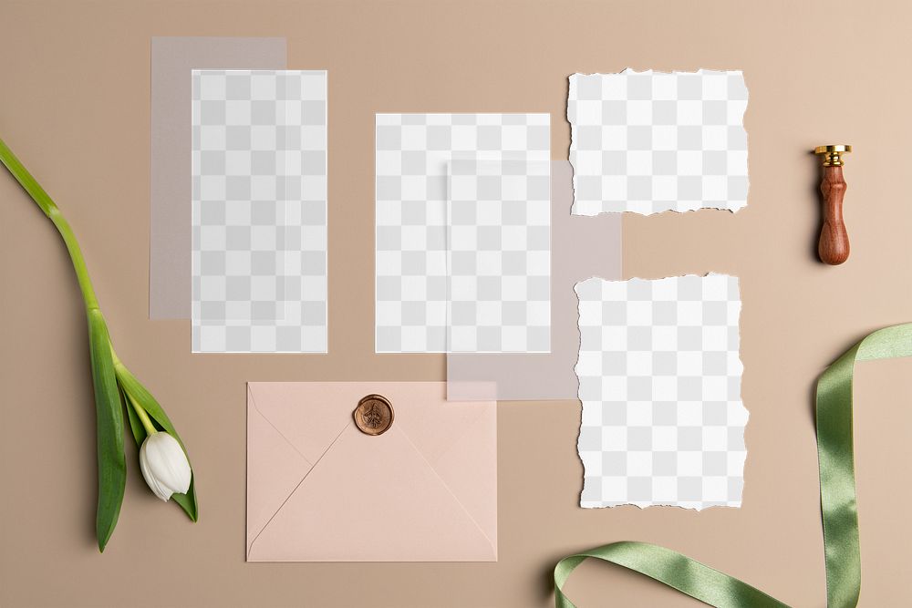 Wedding card mockup png, transparent paper, aesthetic flat lay stationery set