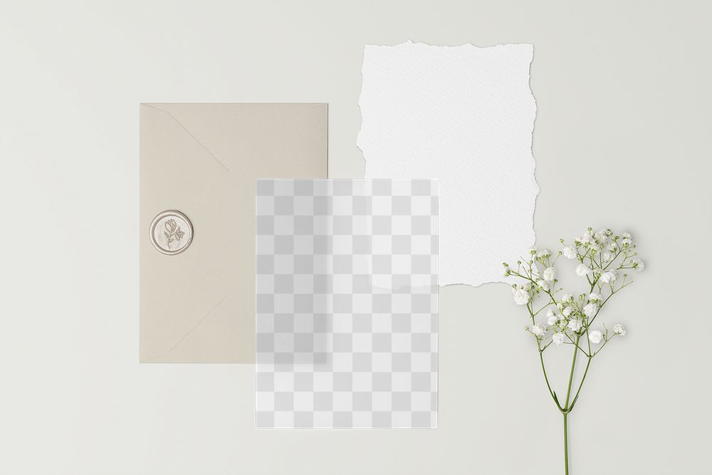 Wedding card mockup png, transparent paper, aesthetic flat lay stationery