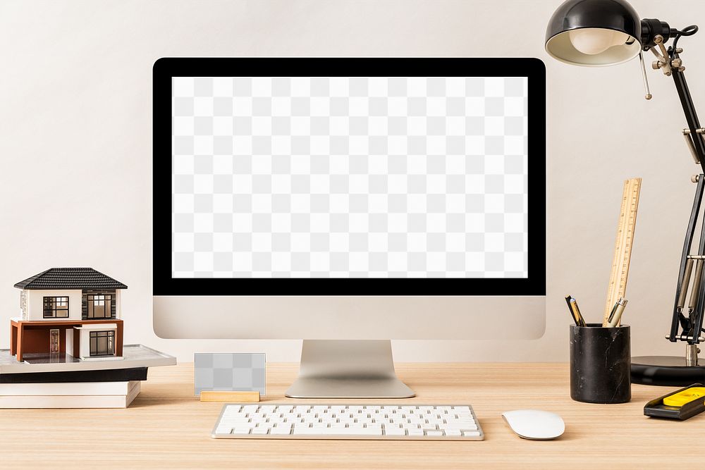 Transparent computer png, screen mockup, minimal workspace for architect