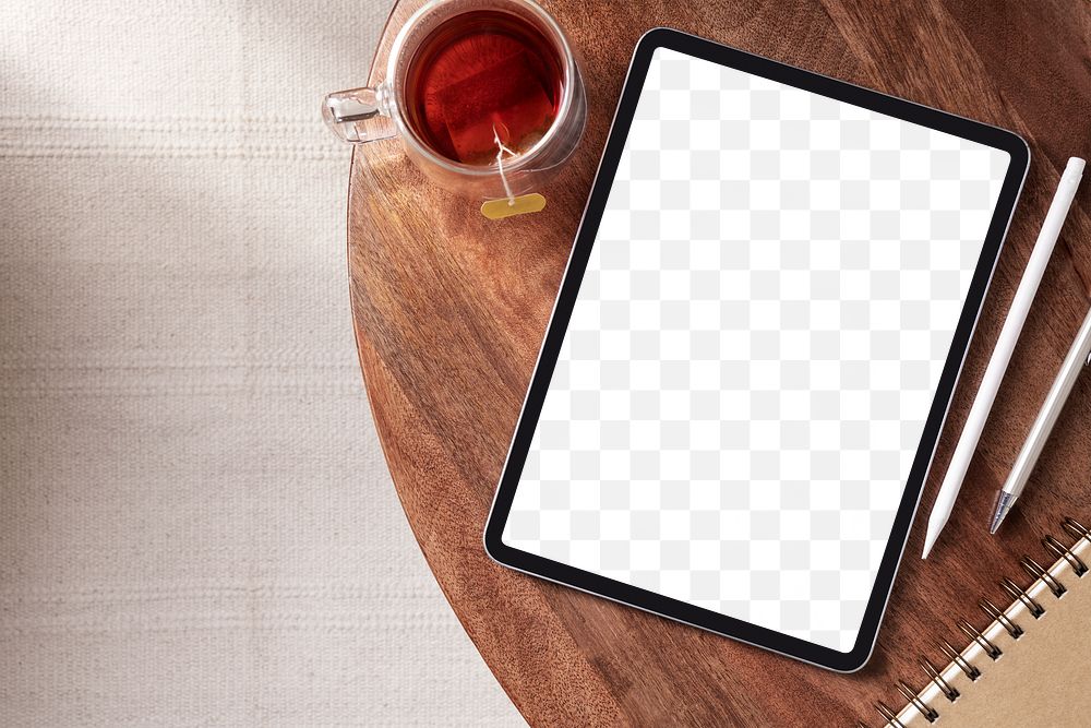 Tablet screen png mockup, transparent digital device, cup of tea