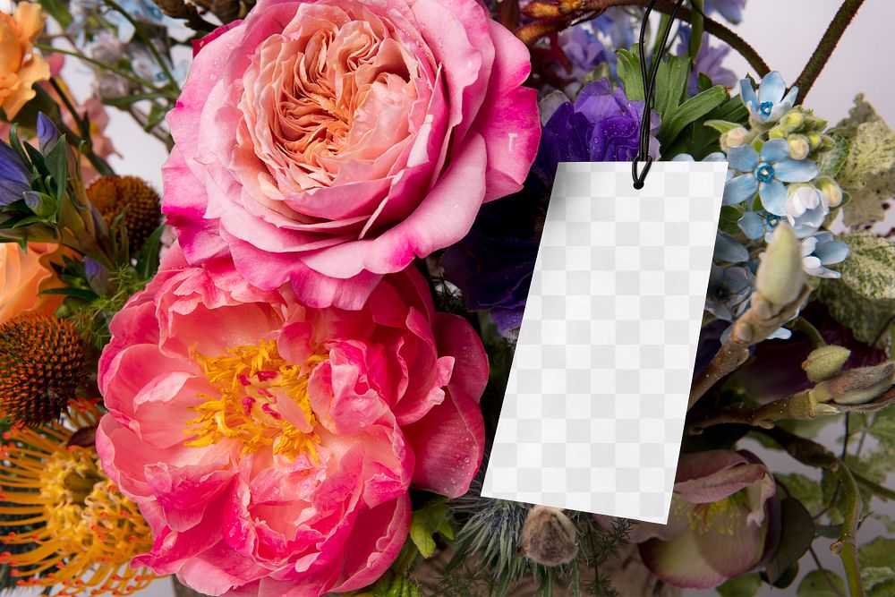 Gift tag PNG mockup transparent, flower bouquet