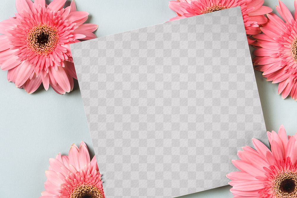 PNG invitation card mockup transparent, pink daisies flat lay design