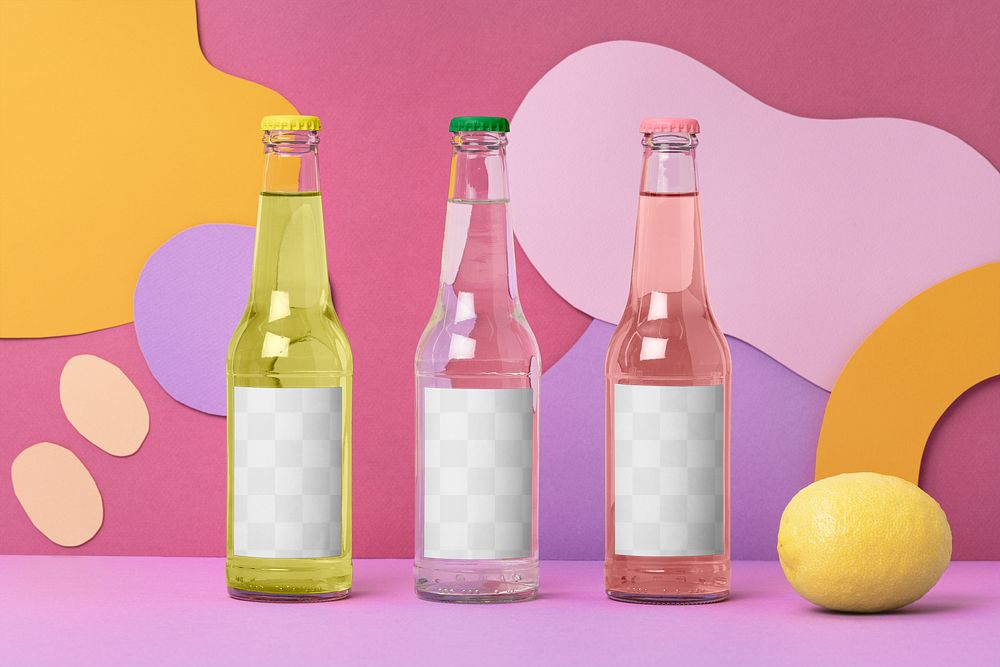 Glass bottle label png mockups, summer beverage packaging