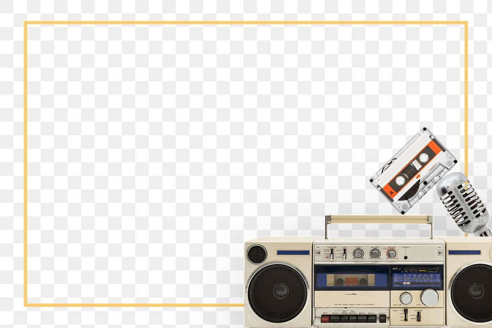 Old radio cassette on gold frame design element