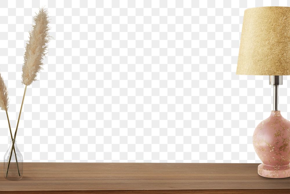 Pink lamp with vase on a wooden table design element