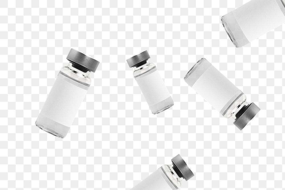 Five injection bottles with white label mockup