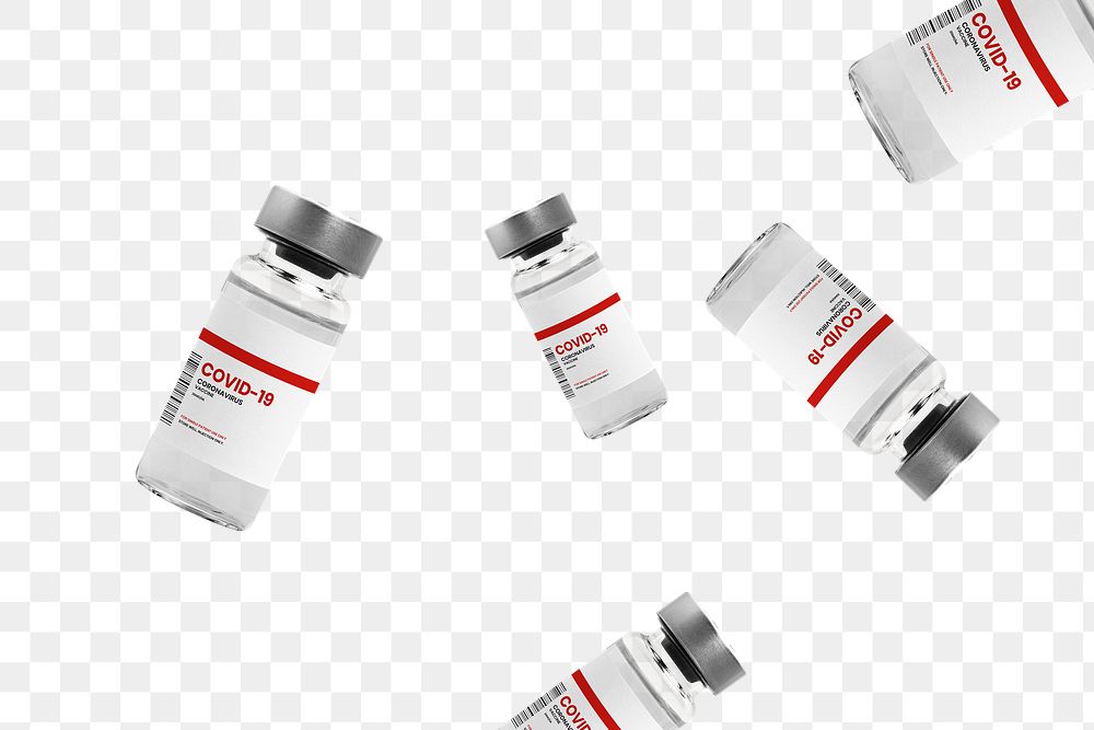 Png falling injection bottles with label mockups for COVID-19 vaccine
