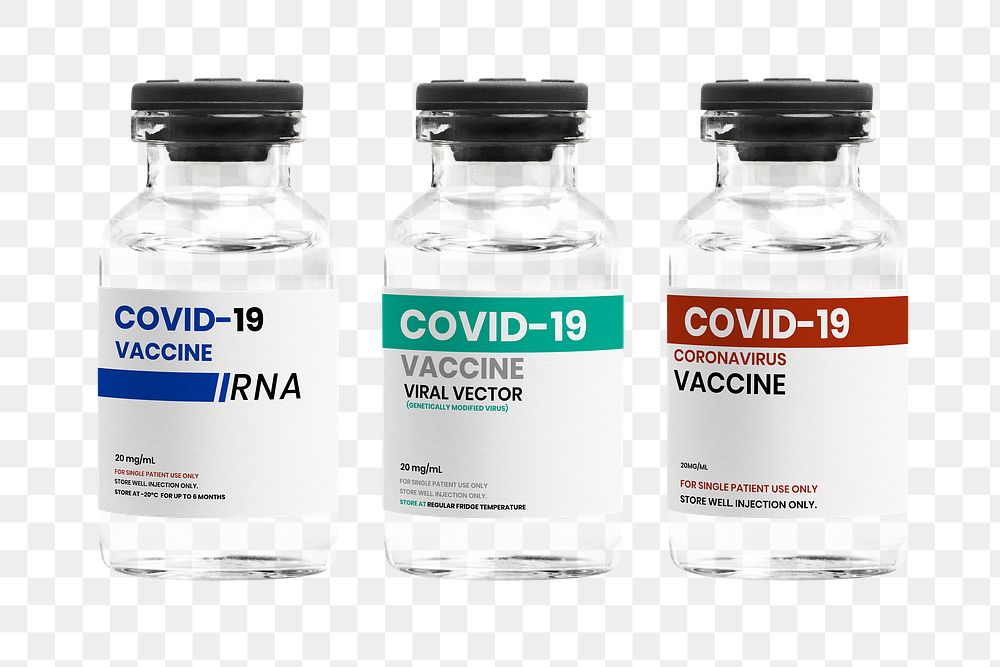Different types of COVID-19 vaccine in glass vial bottles png