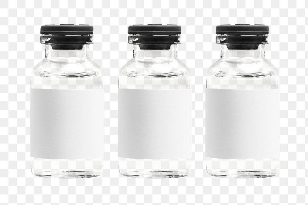 Three injection vial bottles png mockups with blank labels