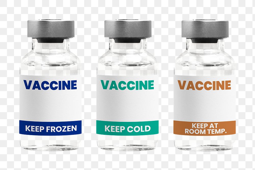 Different types of COVID-19 vaccine in glass vial bottles png with different storage temperature condition label 