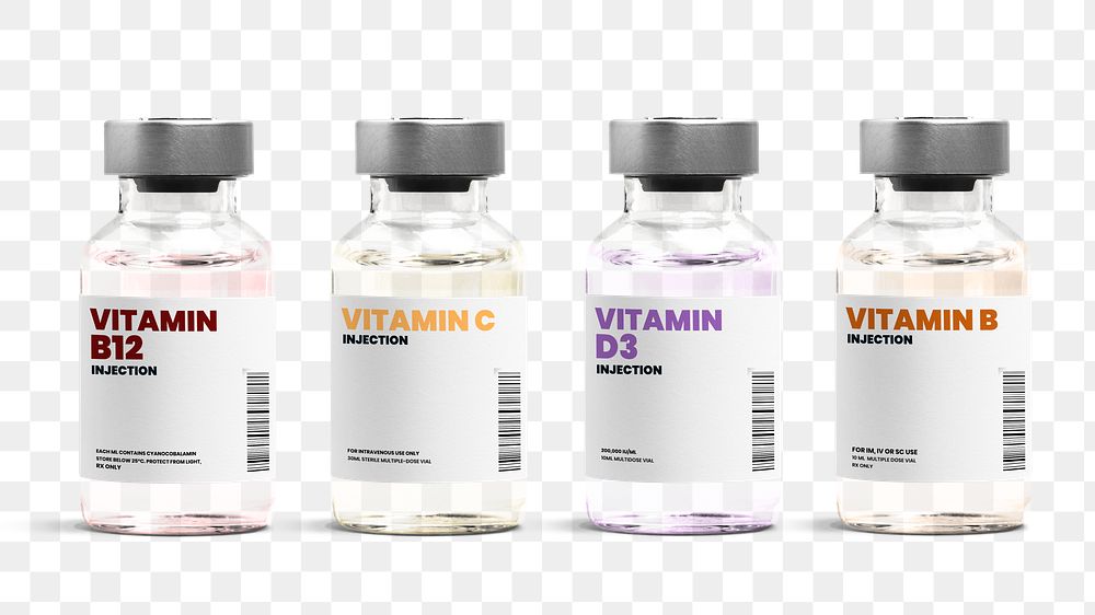 Vitamin injection glass bottle vials png with label mockups