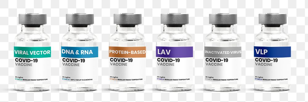 Different types of COVID-19 vaccine in glass vial bottles png with labels