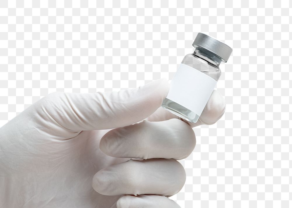 Png medicine glass vial in gloved hand mockup
 