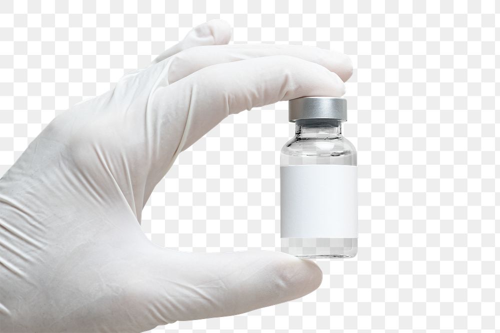 Png medicine glass vial in gloved hand mockup