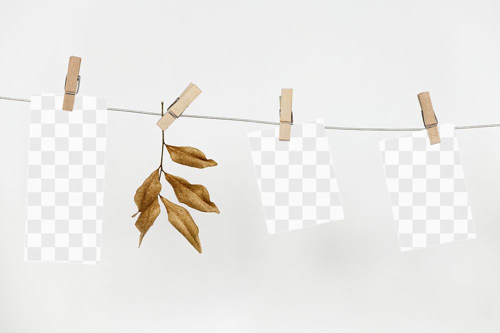 Papers mockup png hanging from a rope with paper clips