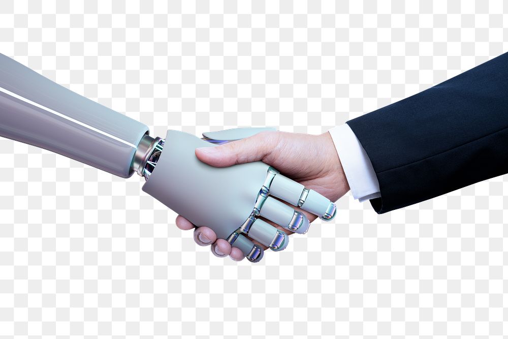 Png business hand robot handshake, artificial intelligence digital transformation