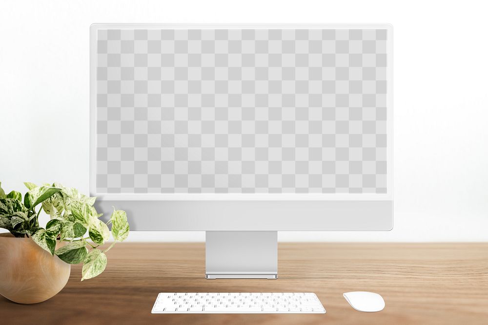 Computer screen png mockup WFH workspace with plant