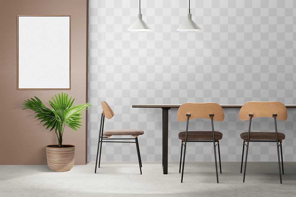 Wall mockup png with picture frame hanging in retro dining room