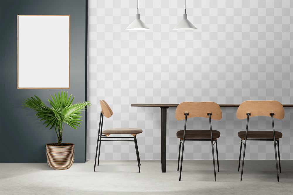Wall mockup png with picture frame hanging in retro dining room
