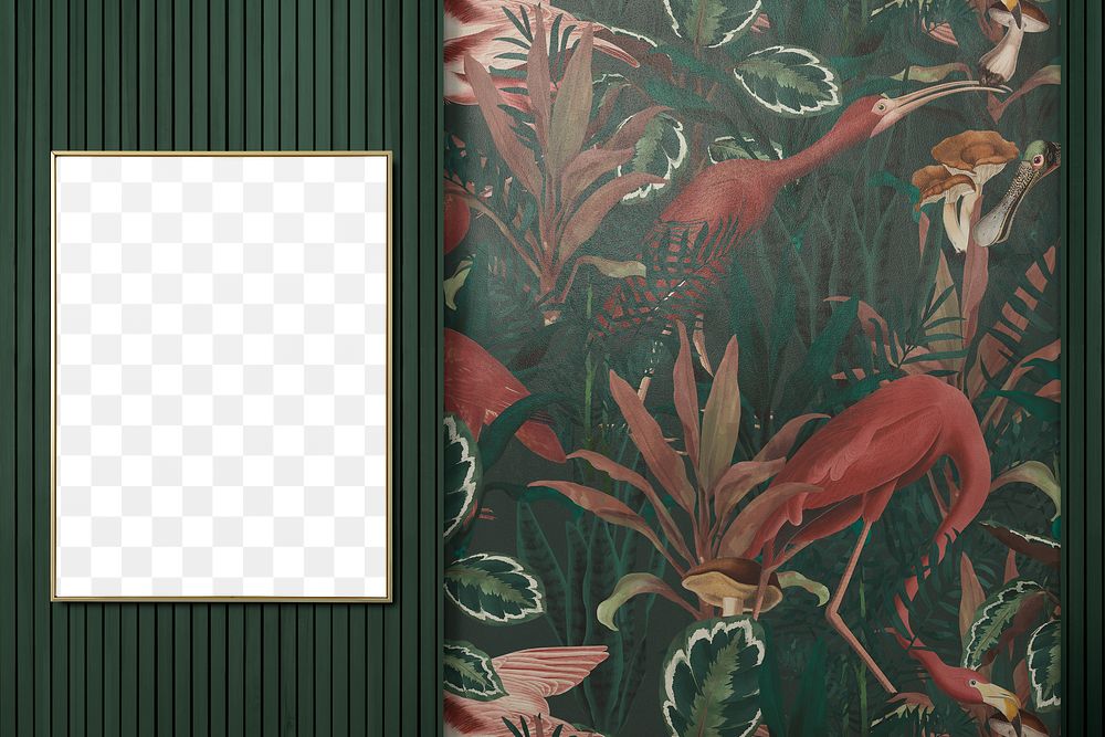 Png frame mockup hanging in tropical wall dining room