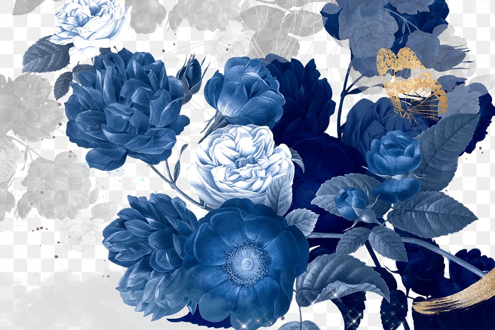 Flower background png, blue border, remixed from vintage public domain images