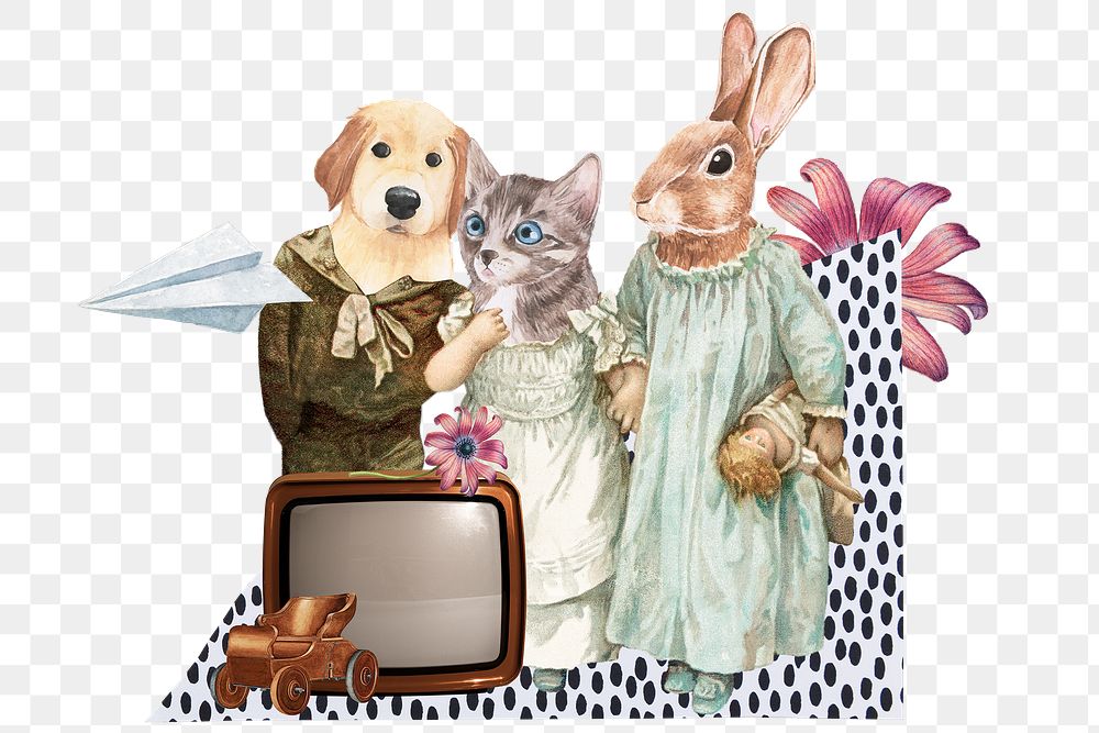 Collage sticker png dog & cat, printable vintage scrapbook collage paper cutout and digital planner element