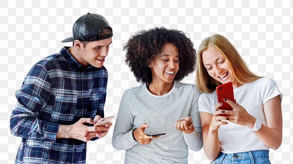 Diverse friends png using phone, social media concept, transparent background