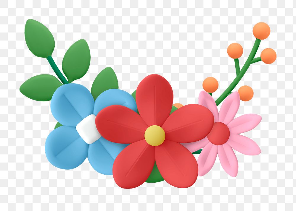 Colorful flower png border sticker, 3D illustration on transparent background