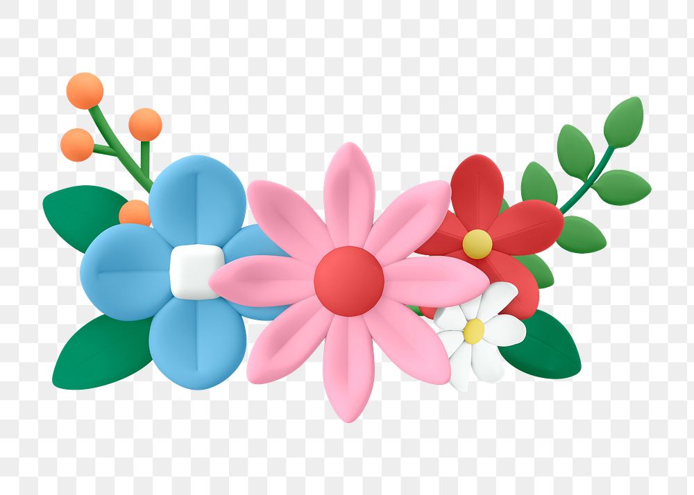 Colorful flower png border sticker, 3D illustration on transparent background