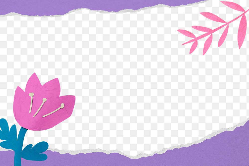 Png flower border frame, colorful paper craft design, transparent background