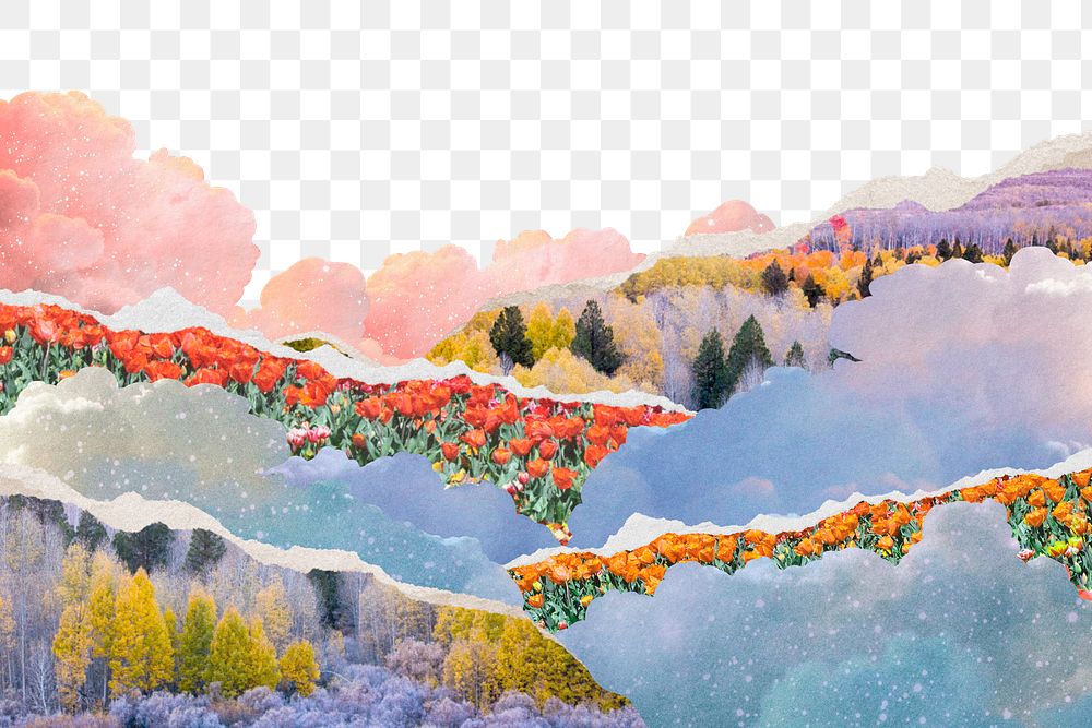 Aesthetic mountain png border, surreal escapism design, transparent background