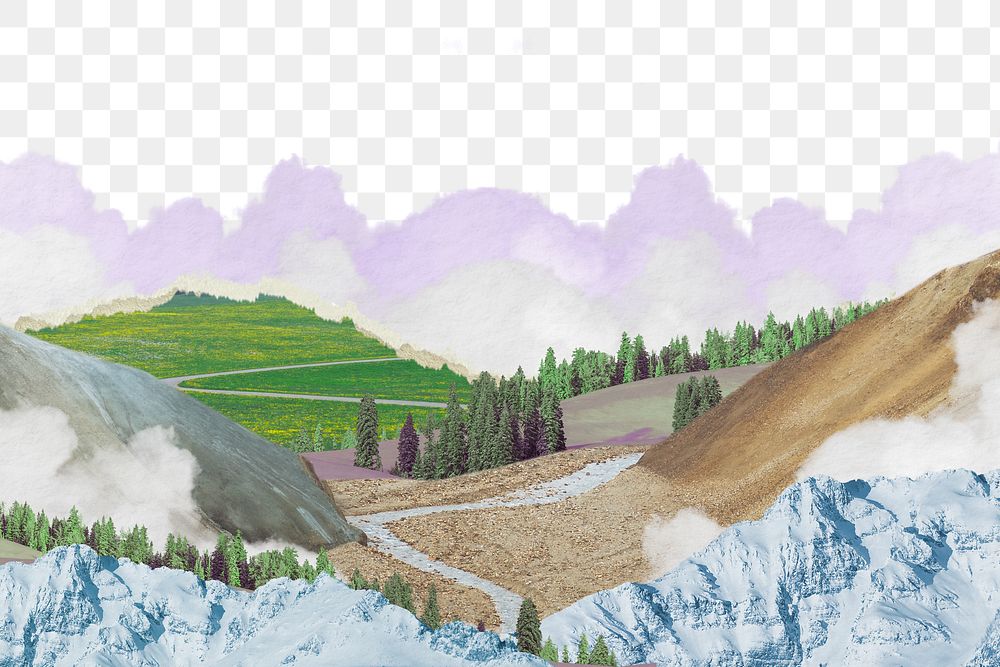 Surreal landscape png border, digital collage design, transparent background