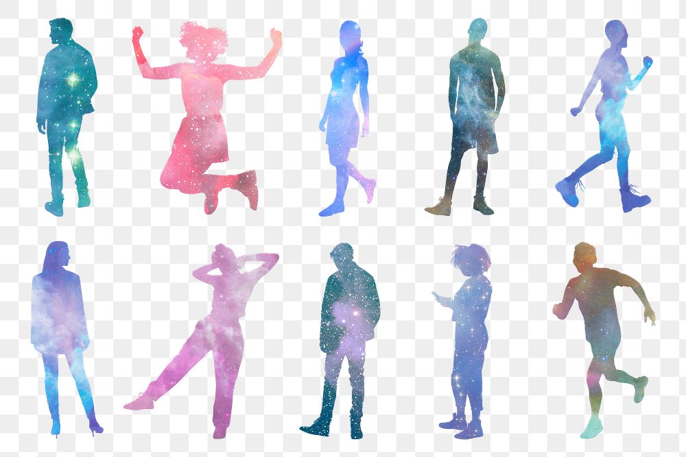 Png galaxy silhouette people stickers set, transparent background