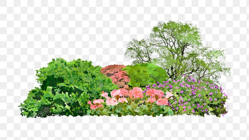 Garden landscape png sticker, watercolor illustration on transparent background