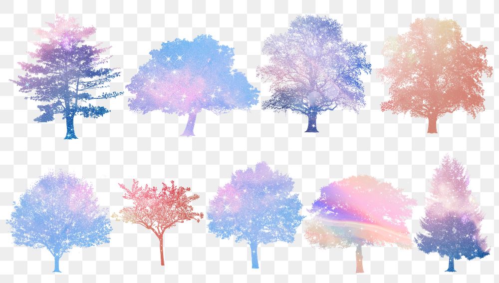Png aesthetic holographic tree stickers set on transparent background