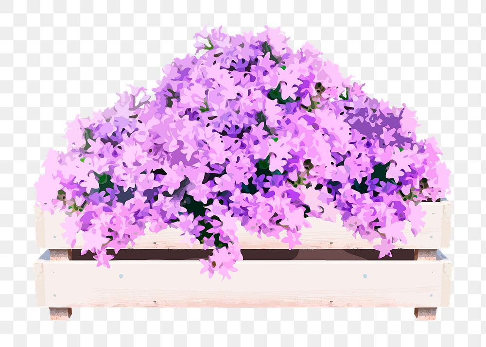 Purple flower png sticker, wooden crate on transparent background