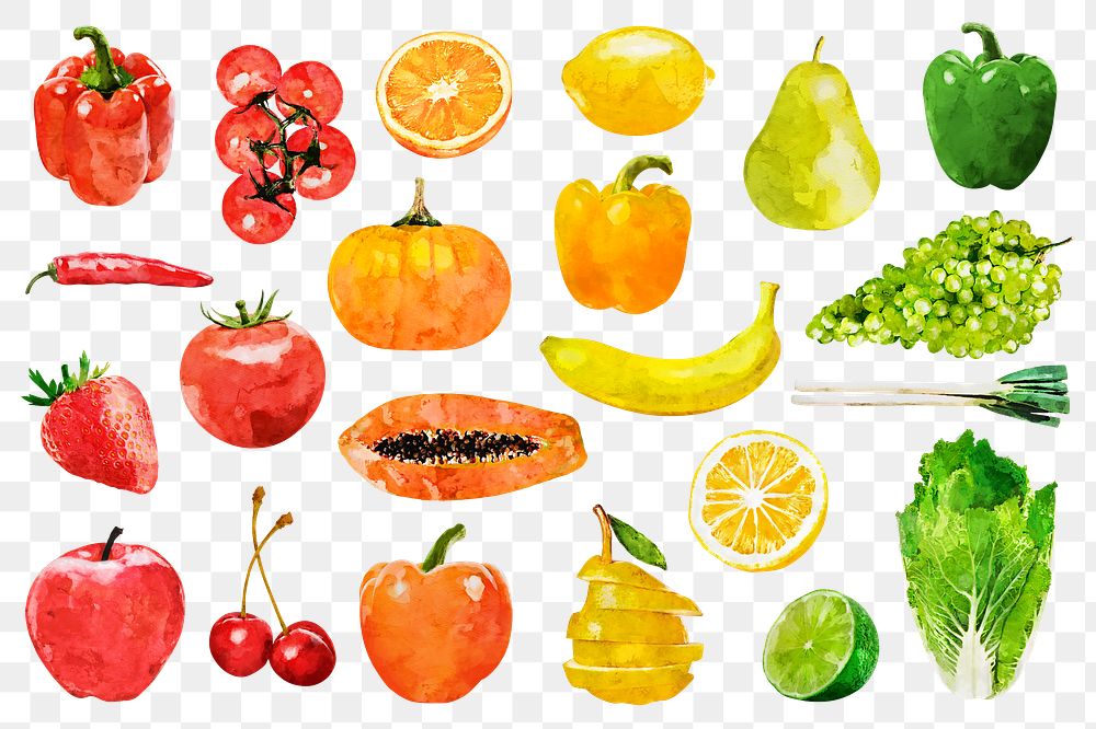 Fruit and vegetable png clipart, various plant-based superfood drawings collection on transparent background