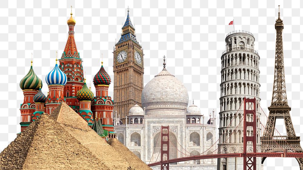 World landmarks png background, travel remixed media, transparent background