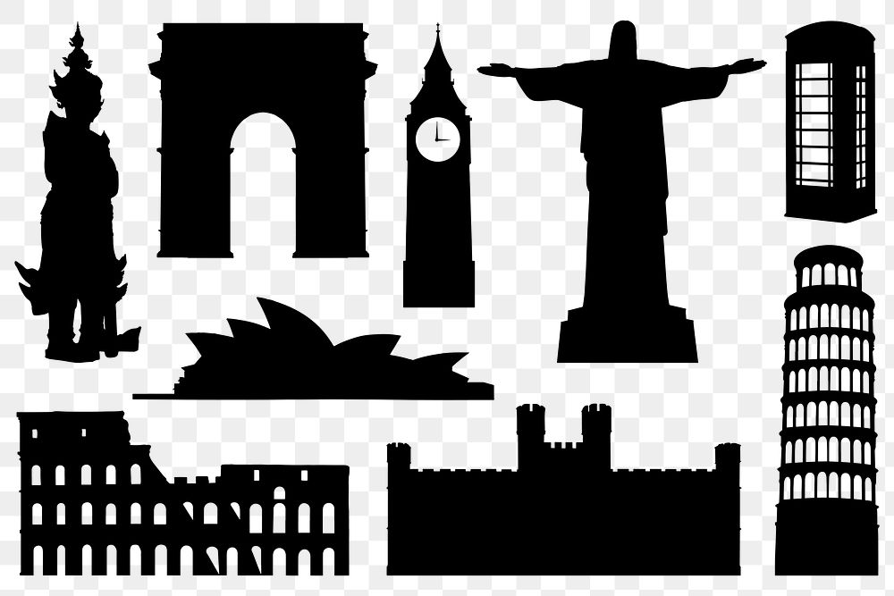 Tourist attractions png, historical architecture silhouette sticker set on transparent background
