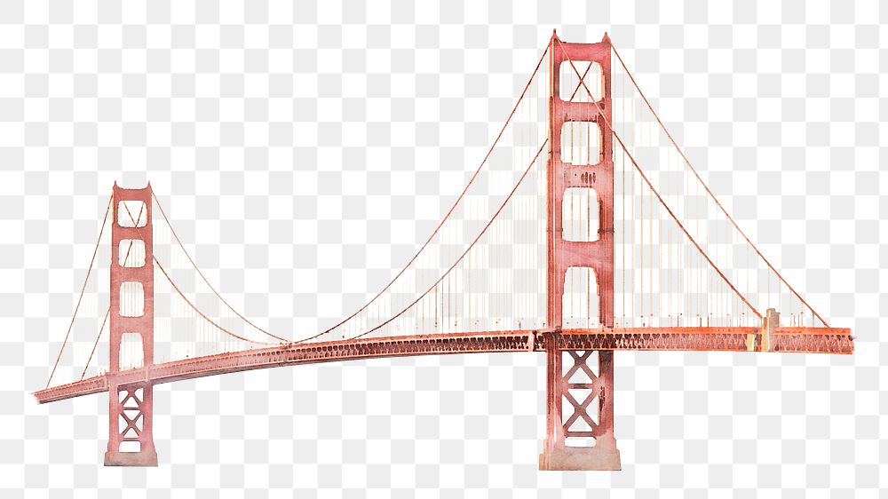 Golden Gate Bridge png watercolor illustration, San Francisco's architecture, transparent background