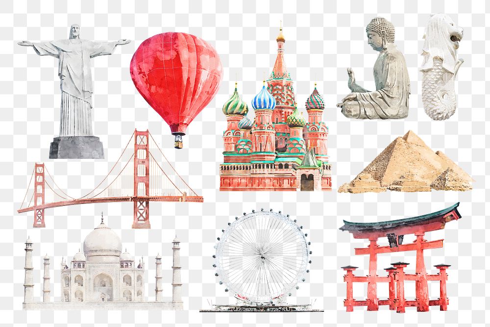 Watercolor tourist png attractions illustration, aesthetic design set on transparent background