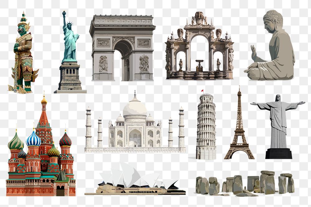 World's famous landmarks png sticker, architecture vectorize illustration set transparent background